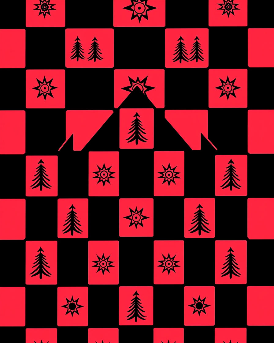 Red Black Woodland Star Trees Rug