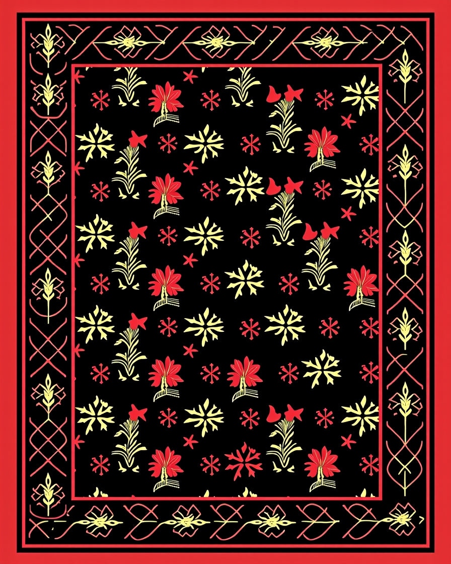 Bold Red Yellow Floral Border Rug