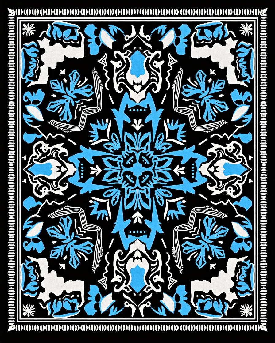 Bold Blue Floral Mandala Black Rug