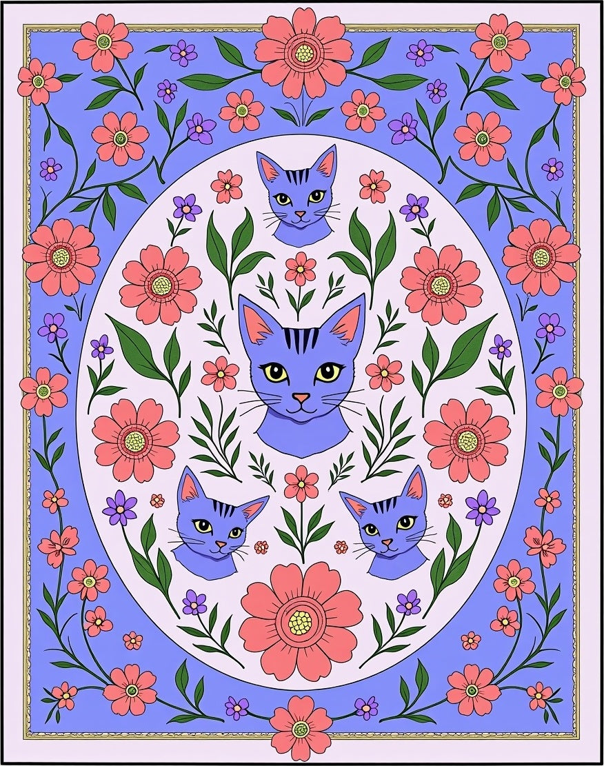 Whimsical Lavender Cat Floral Surround Rug