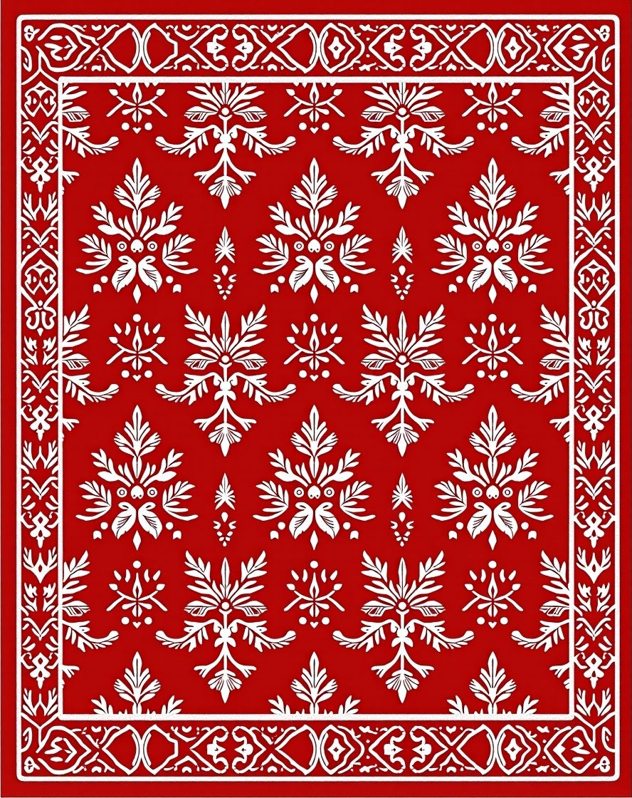 Scarlet Red White Floral Medallion Border Rug