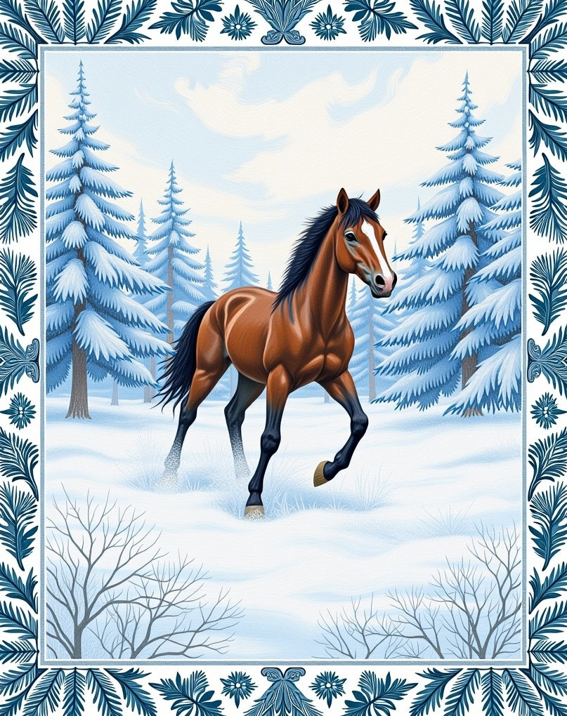Winter Chestnut Horse Snowy Forest Scene Rug