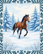 Winter Chestnut Horse Snowy Forest Scene Rug