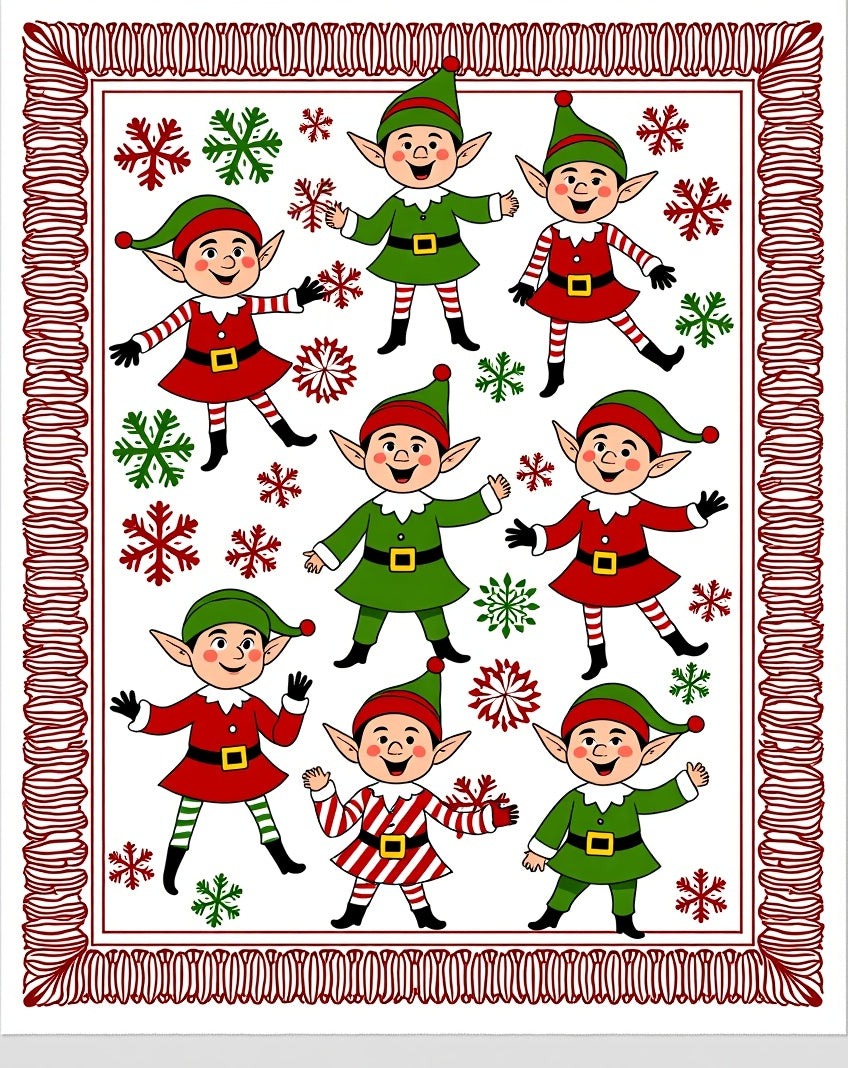 Festive Elves Red Green Snowflakes Border Rug