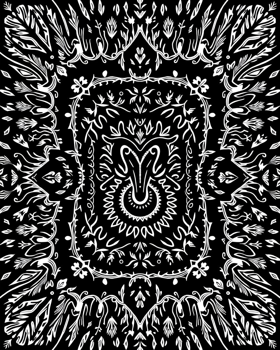Black White Folk Art Garden Rug