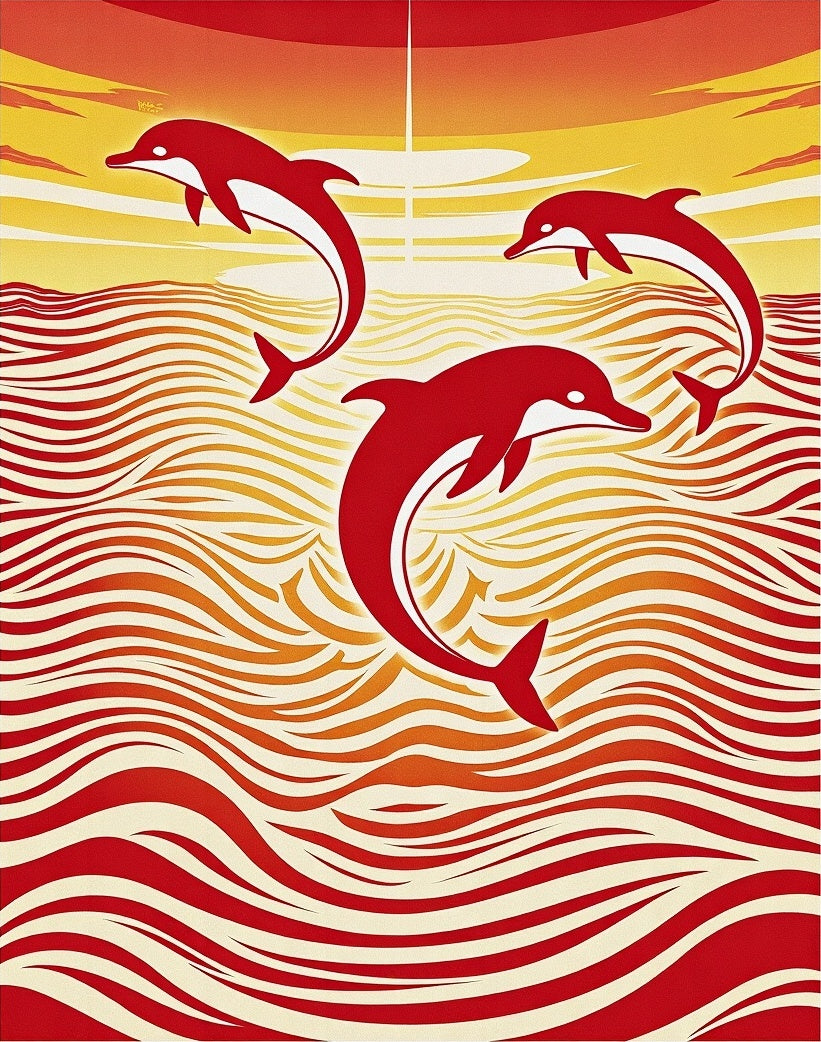 Crimson Dolphins Ocean Sunset Waves Rug