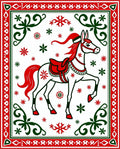 Festive White Horse Red Green Accents Rug