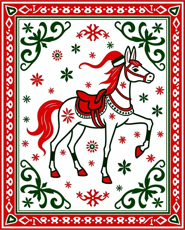 Festive White Horse Red Green Accents Rug