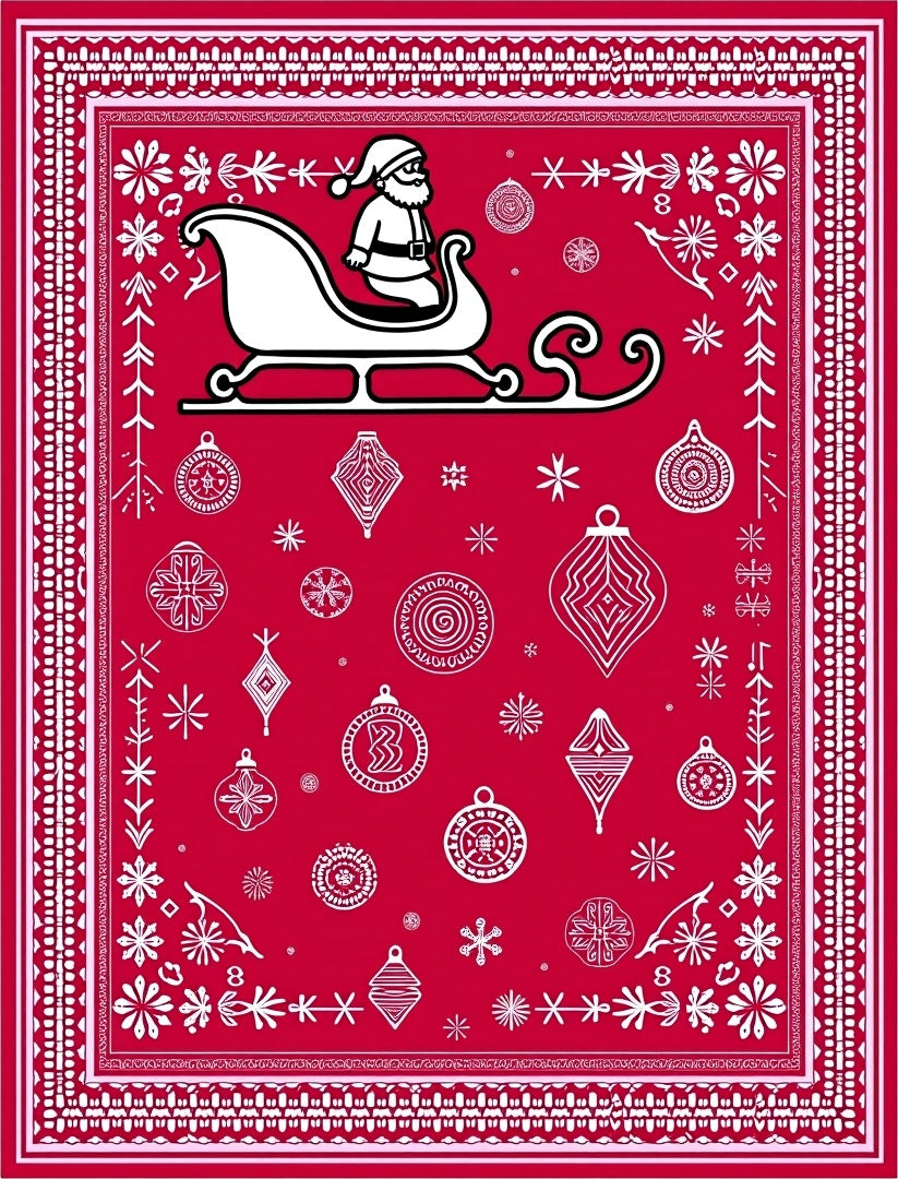 Red Santa Sleigh Ornaments Snowflakes Rug