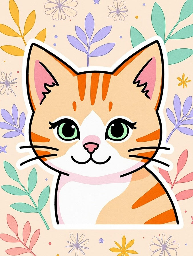 Whimsical Orange Tabby Cat Botanical Rug