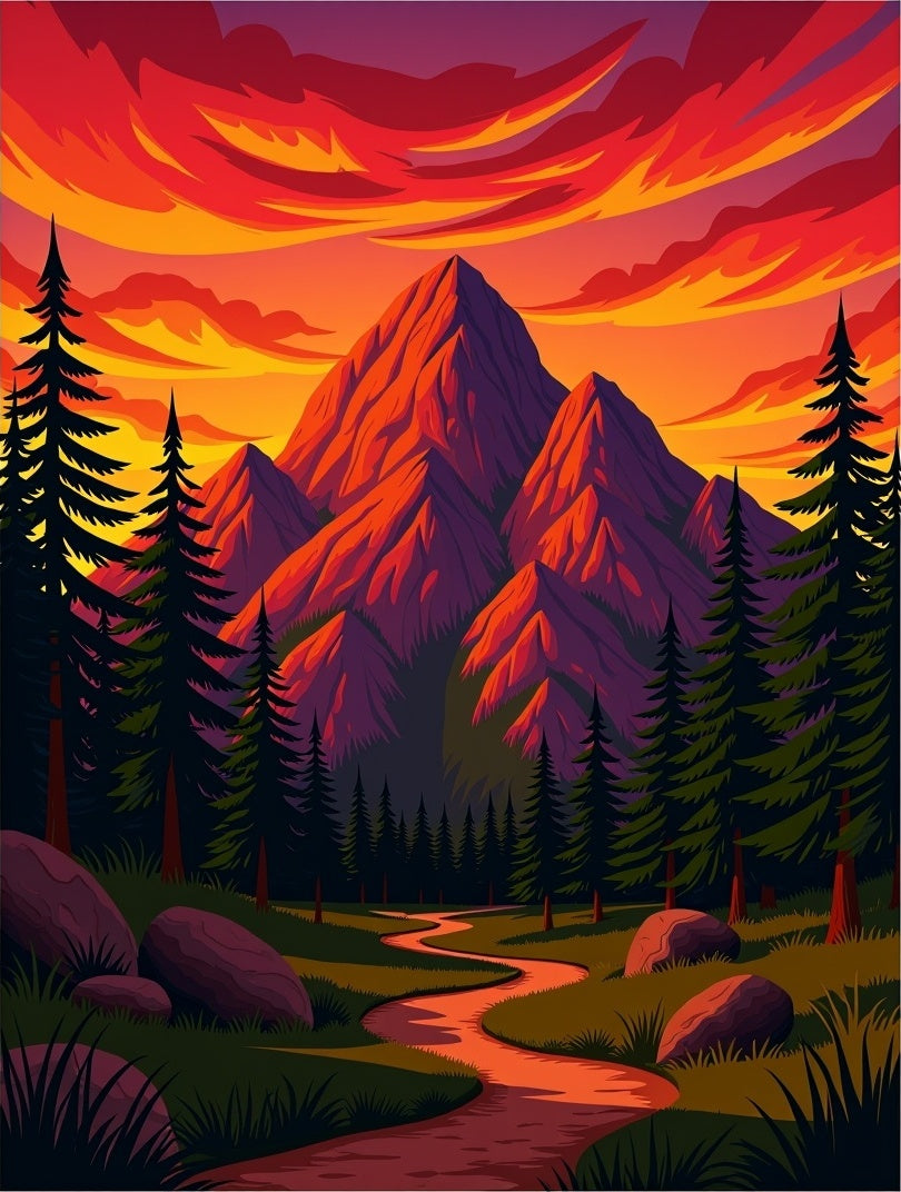 Vibrant Sunset Mountain Forest Path Rug