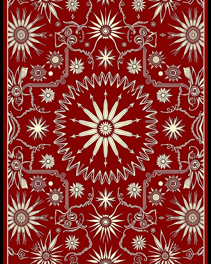 Crimson Sunburst Detailed Mandala Rug