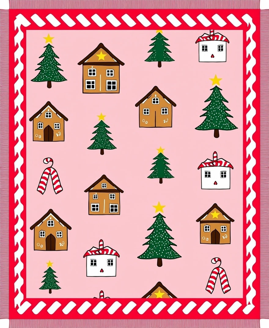 Pink Christmas Village Trees Candy Canes Rug
