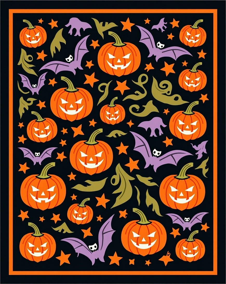 Spooky Orange Jack-o'-Lantern Bats Stars Rug