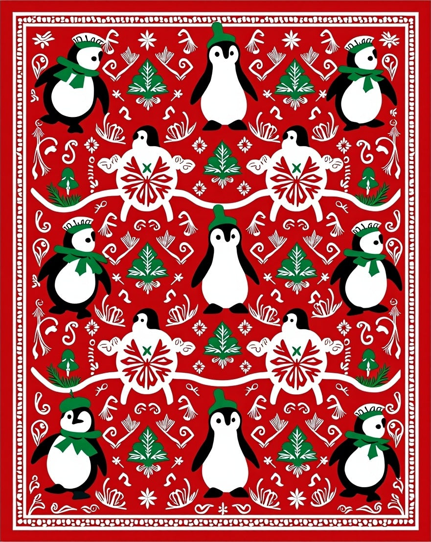Red Penguin Christmas Whimsical Border Rug