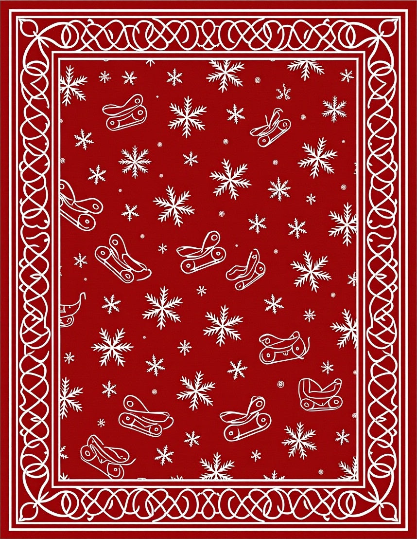 Red Sleigh Snowflakes Winter Border Rug