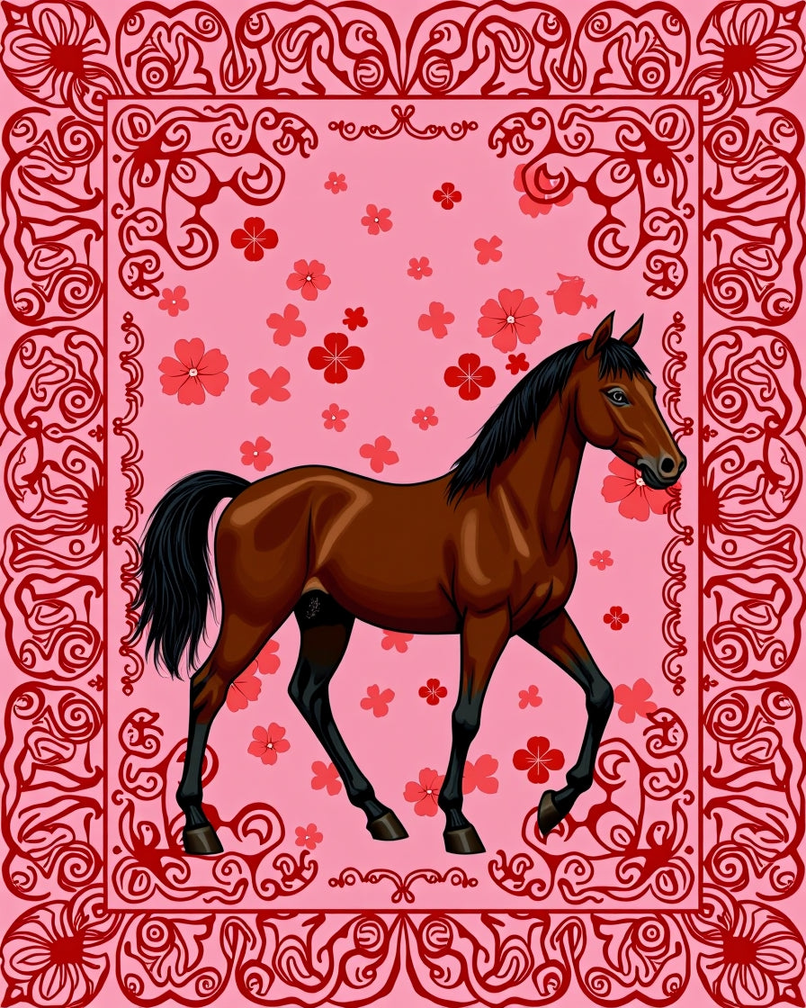 Elegant Pink Floral Horse Artwork Rug