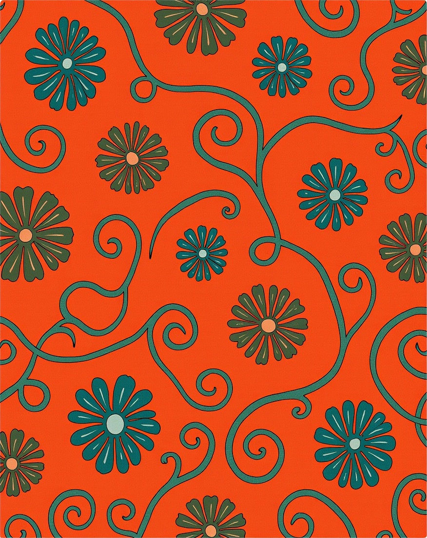 Orange Teal Floral Swirl Tapestry Rug