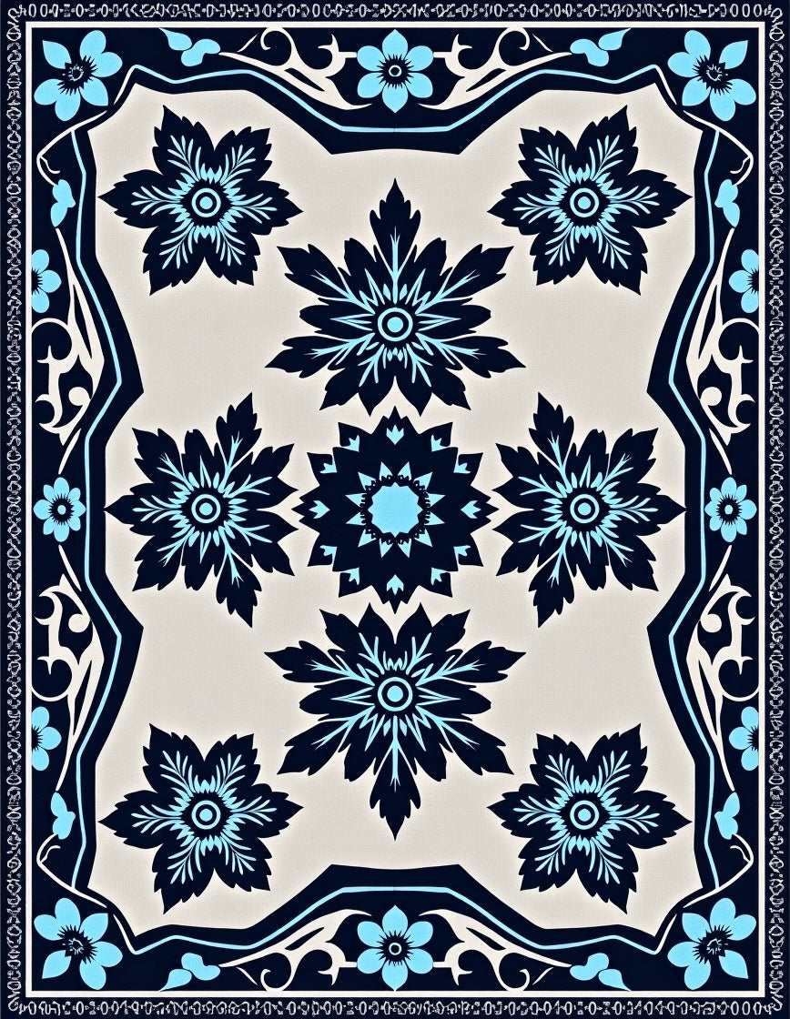 Dark Blue Floral Medallion Cream Rug