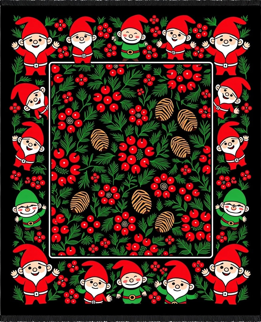 Whimsical Gnomes Reindeer Red Floral Rug