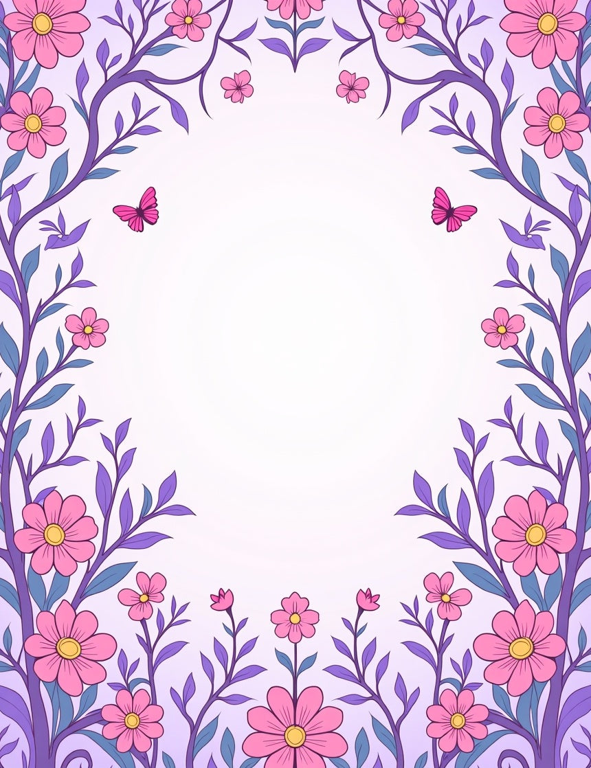 Whimsical Pink Floral Butterfly Frame Rug