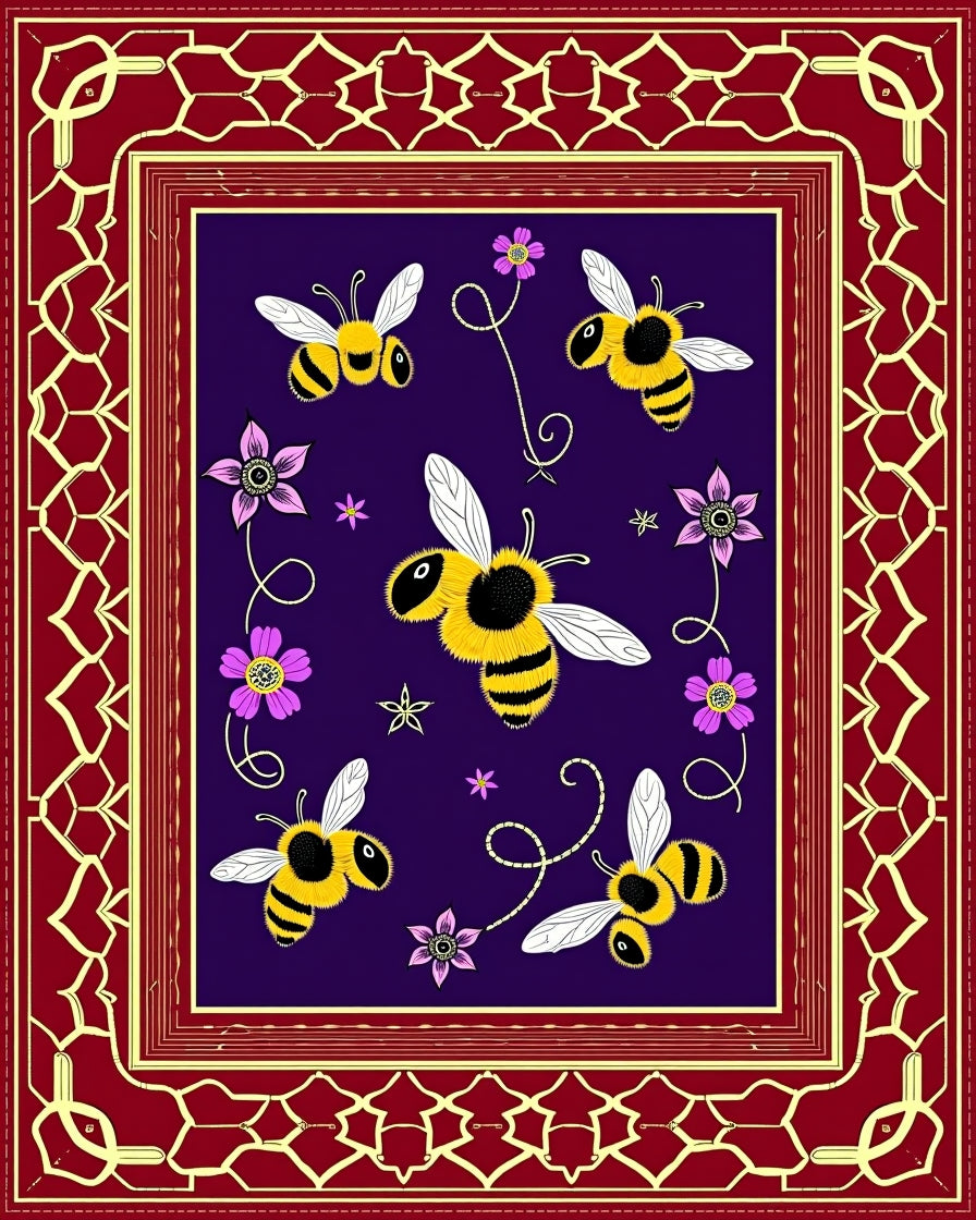Whimsical Yellow Bee Violet Flowers Rug