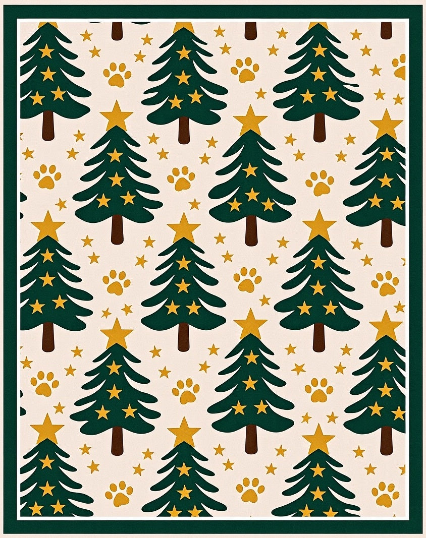Green Christmas Trees Paw Prints Stars Rug