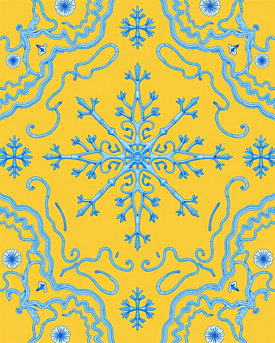 Vibrant Blue Snowflake Medallion Yellow Rug