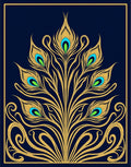 Golden Peacock Feather Navy Art Nouveau Rug