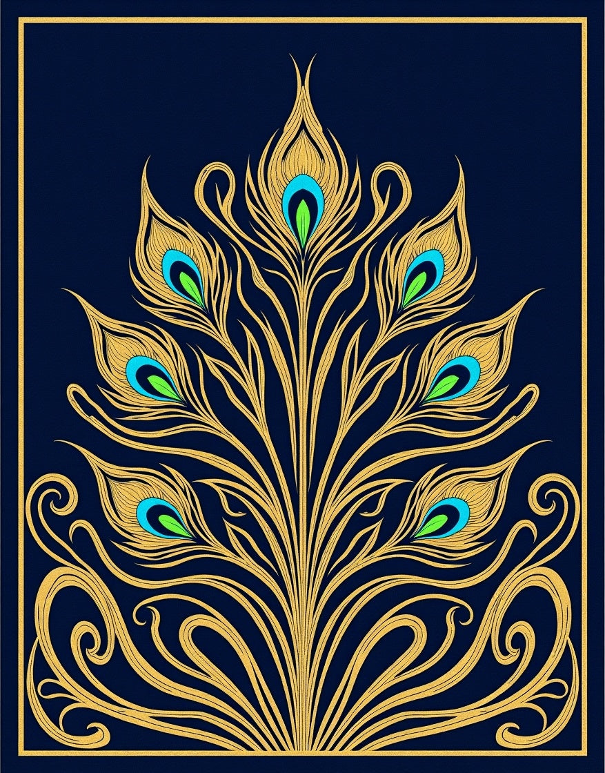 Golden Peacock Feather Navy Art Nouveau Rug