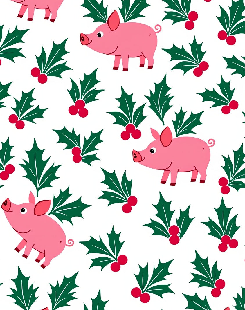 Pink Pig Holly Berry Illustration Rug