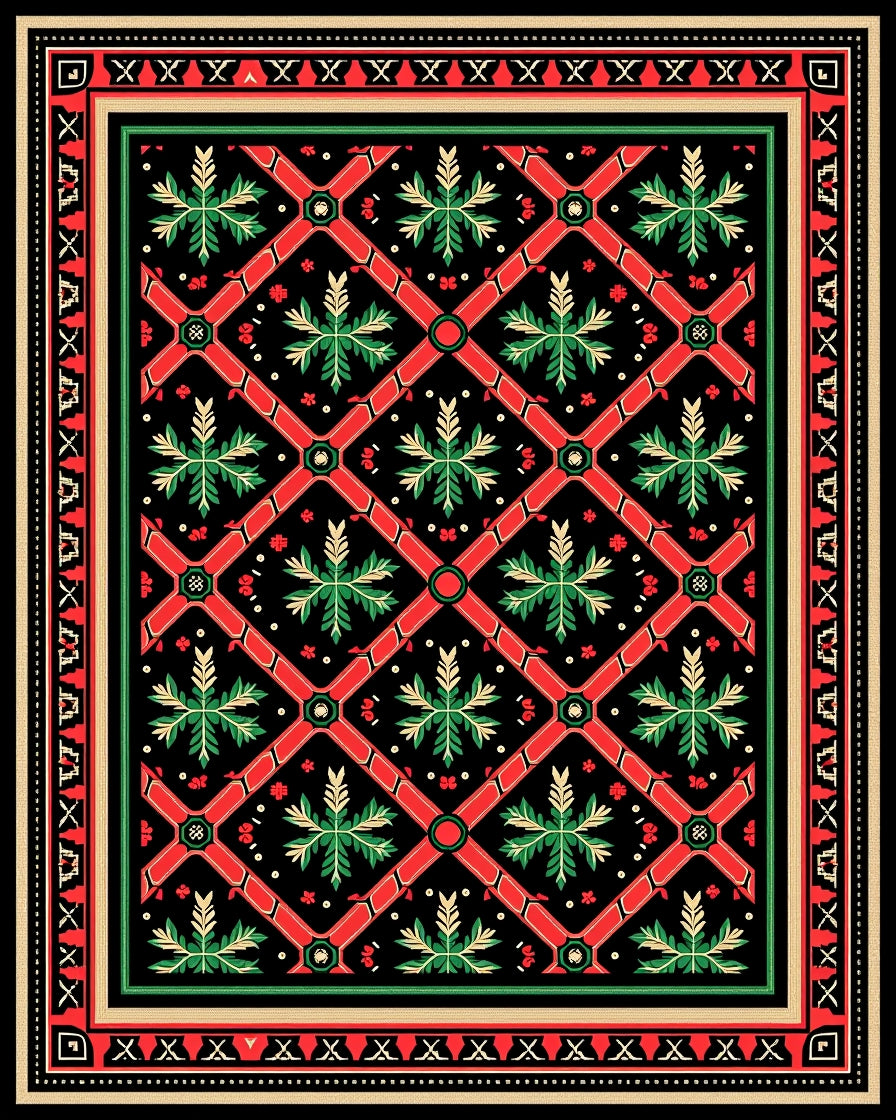 Bold Red Lattice Green Floral Rug