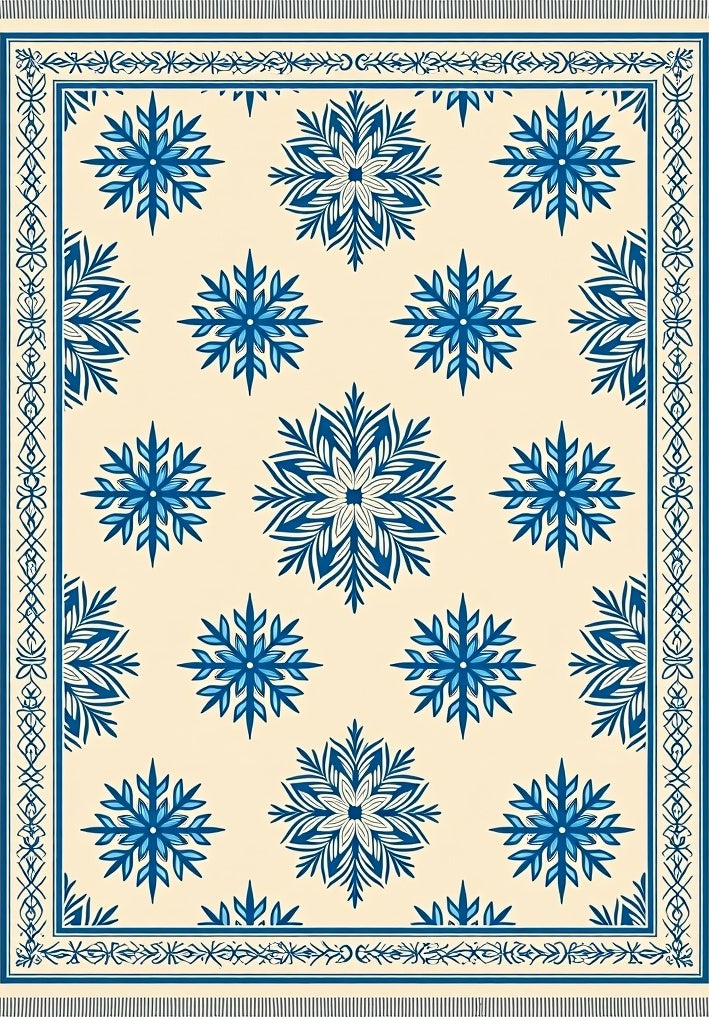 Cream And Blue Snowflake Medallion Overlay Rug
