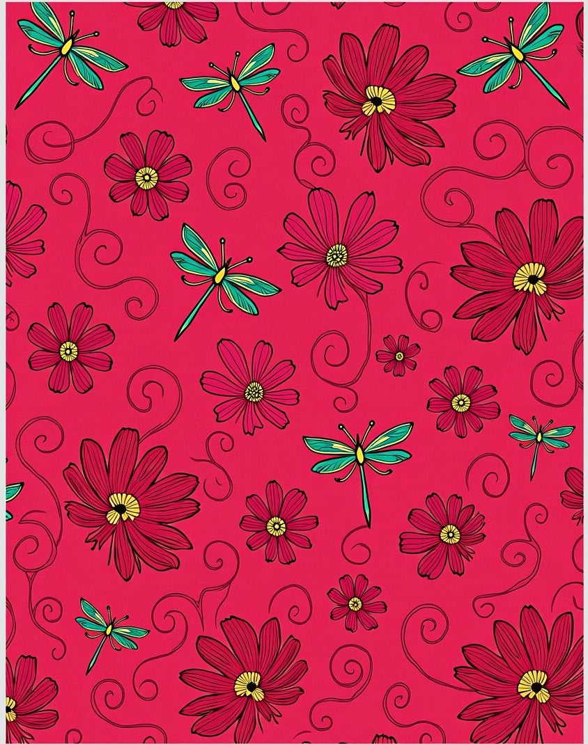Crimson Floral Dragonfly Swirl Rug