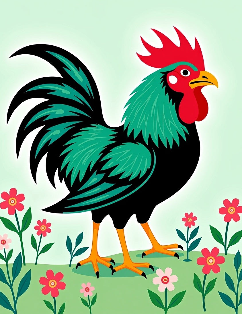 Vibrant Rooster And Pink Flowers Rug