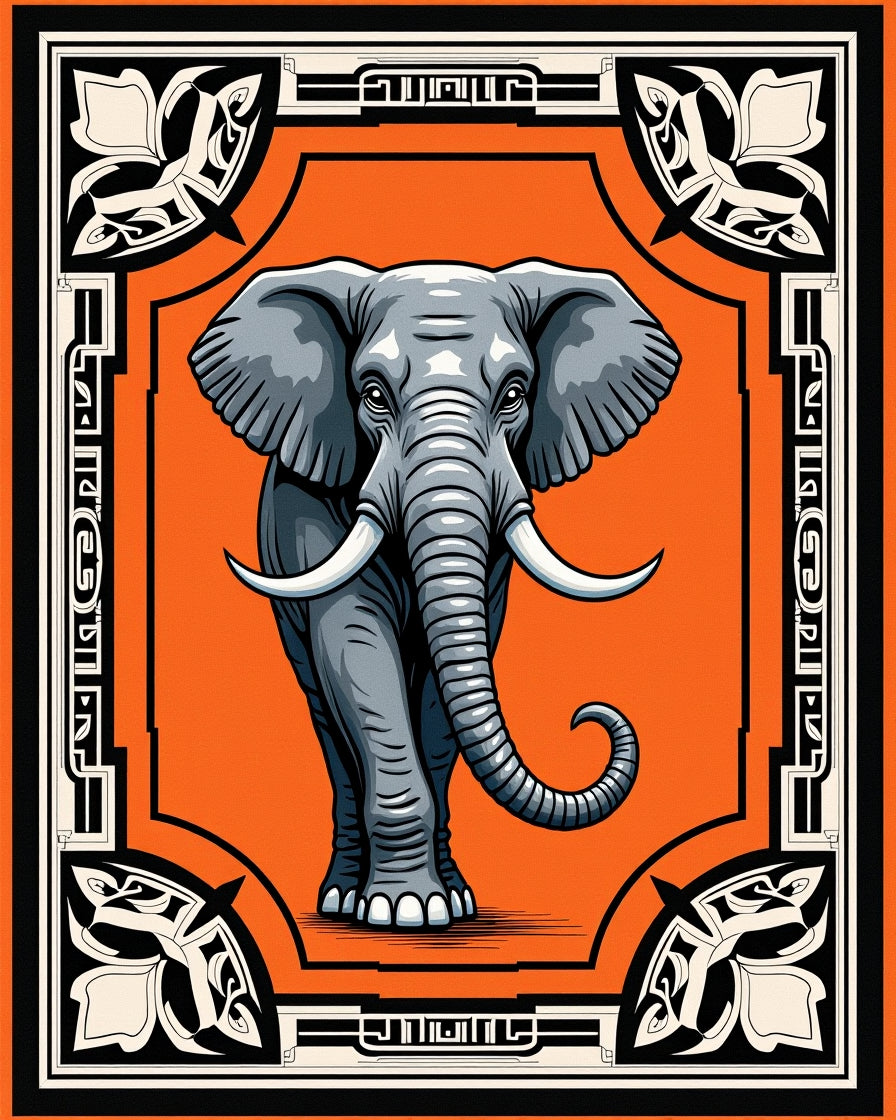 Majestic Gray Elephant Orange Frame Rug