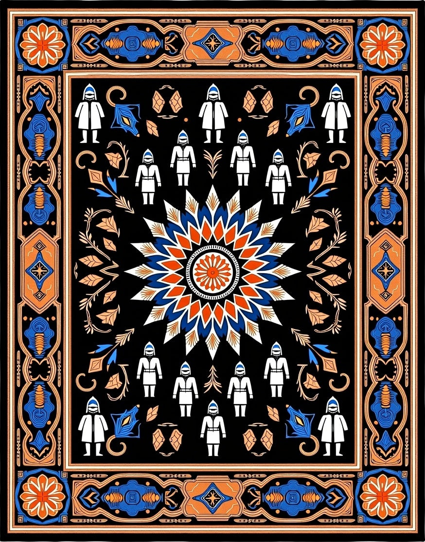 Black Orange Blue Folk Art Medallion Rug