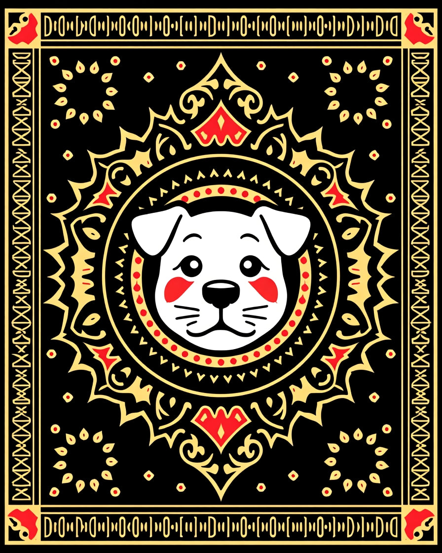 Playful pup black golden red mandala Rug