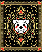 Playful pup black golden red mandala Rug