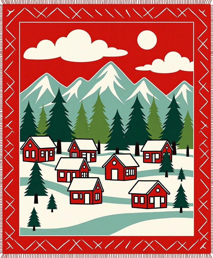 Cozy Red Village Mountain Scene Rug