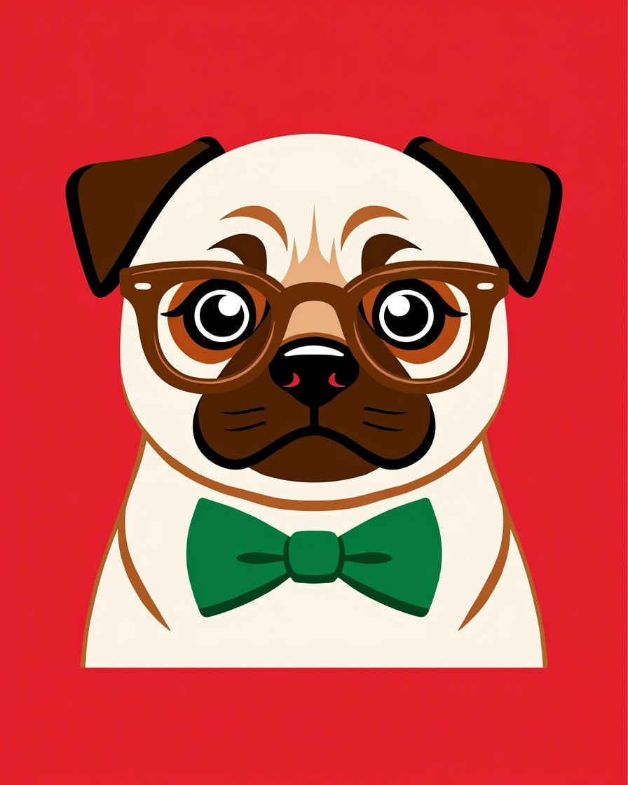 Whimsical Pug with Glasses Green Bowtie Rug