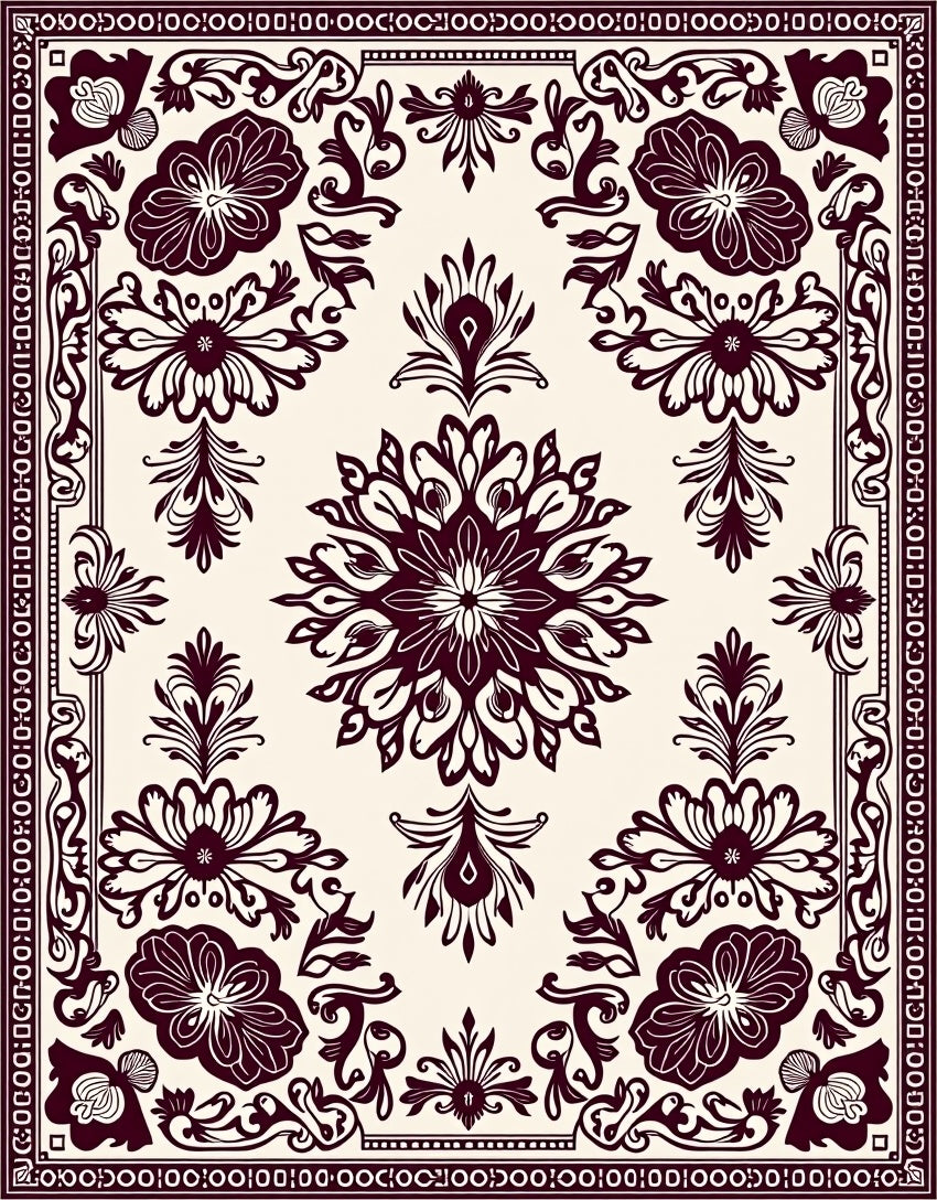 Burgundy Floral Medallion On Cream Rug