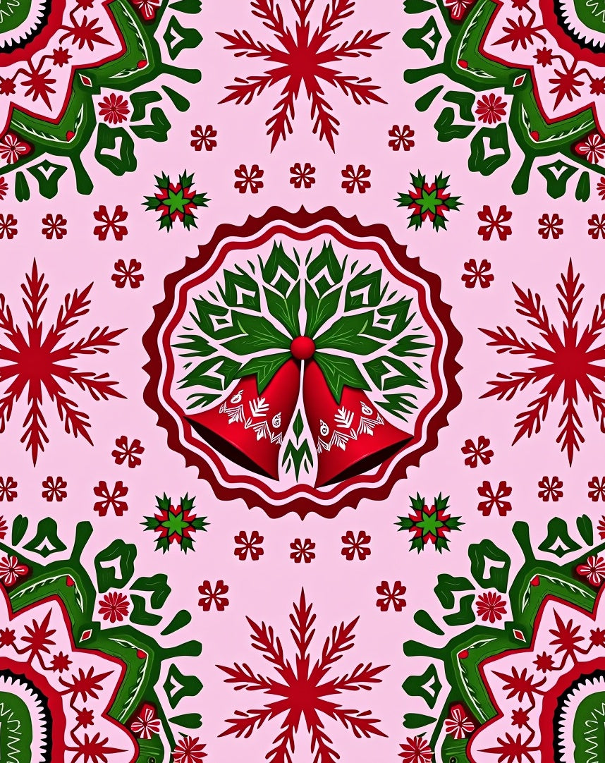 Festive Red Green Bell Snowflake Medallion Rug
