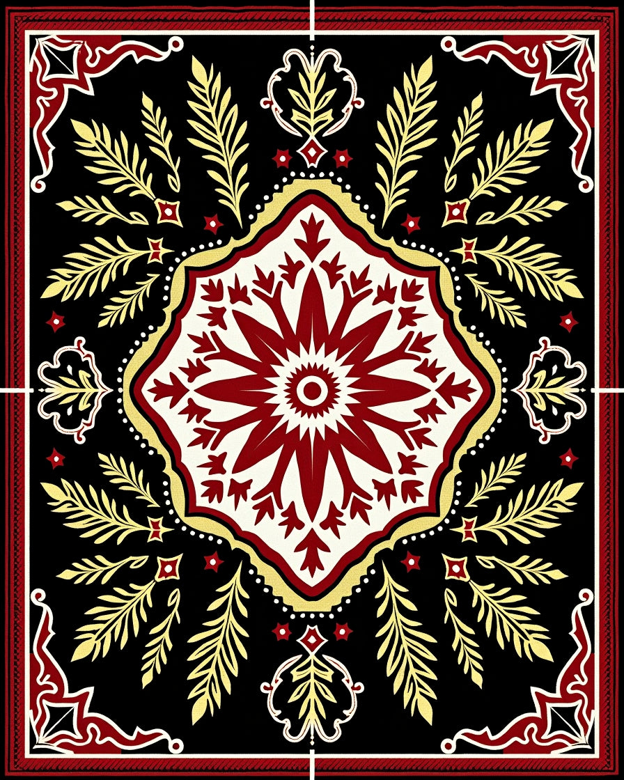 Deep Red Gold Floral Medallion Black Rug