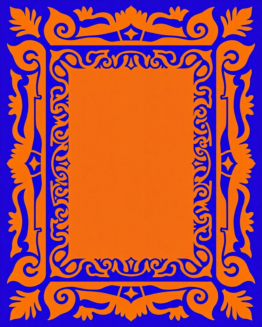Vibrant Orange Blue Ornate Frame Rug