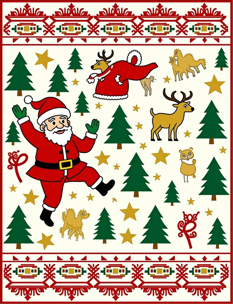 Christmas Santa Claus Reindeer Forest Border Rug