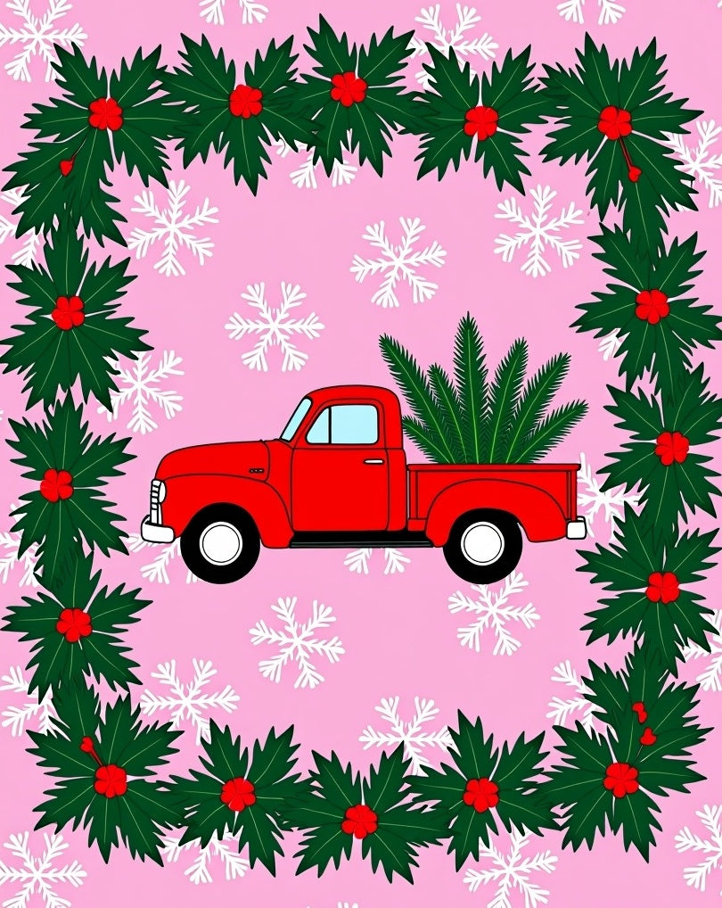 Retro Red Truck Holly Snowflakes Rug
