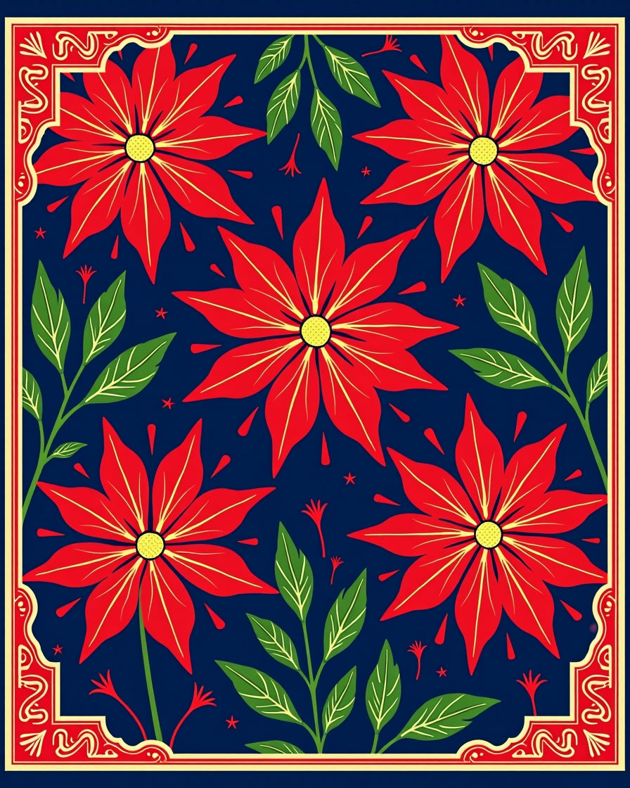 Red Poinsettia Floral Navy Garden Rug