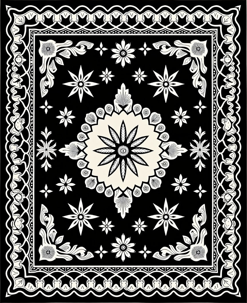 Black Cream Floral Medallion Corner Rug
