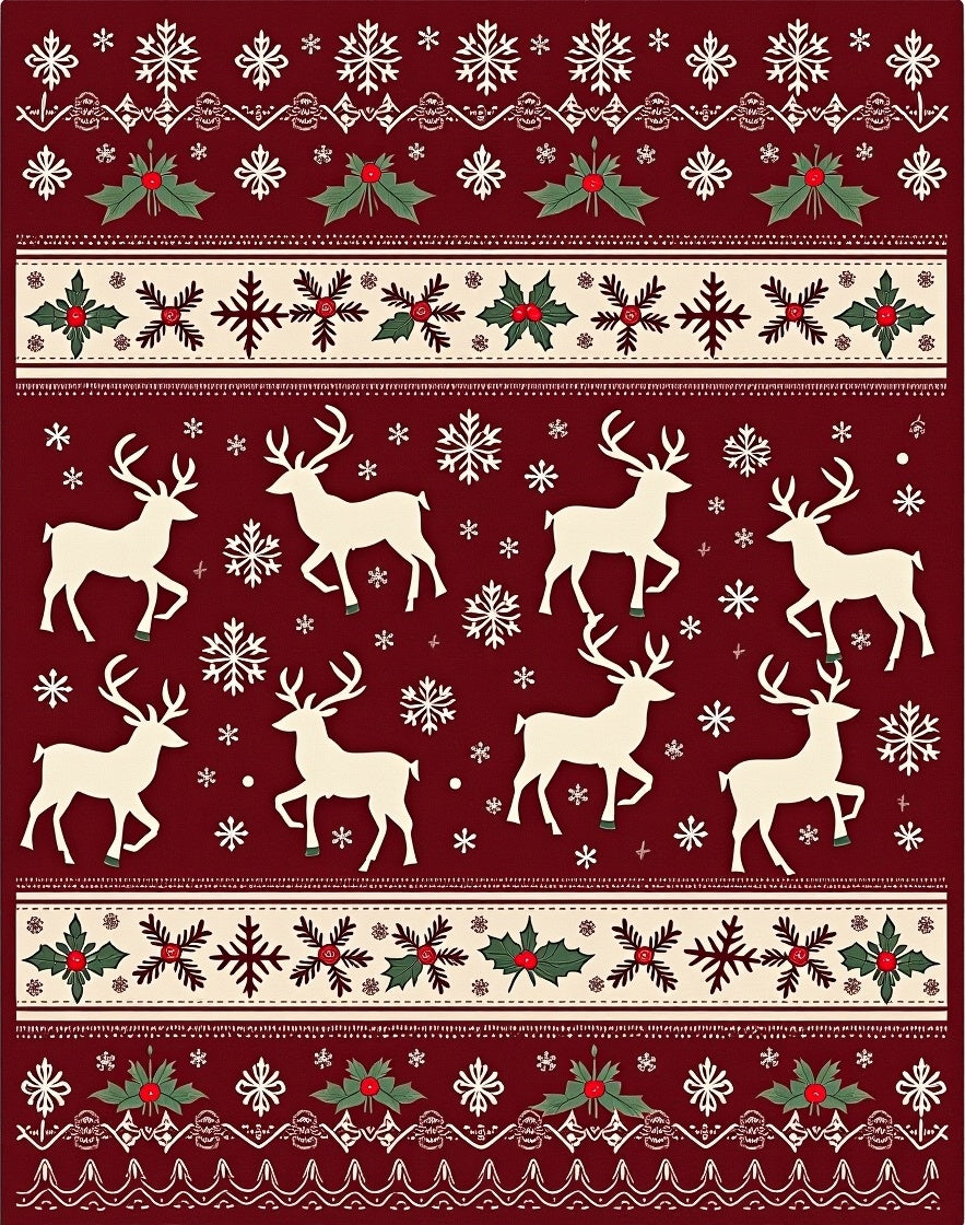 Burgundy Reindeer Snowflake Holly Border Rug